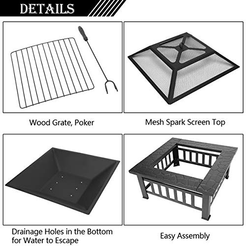 32-Inch Square Wood Burning Portable Metal Fire Pit N14122