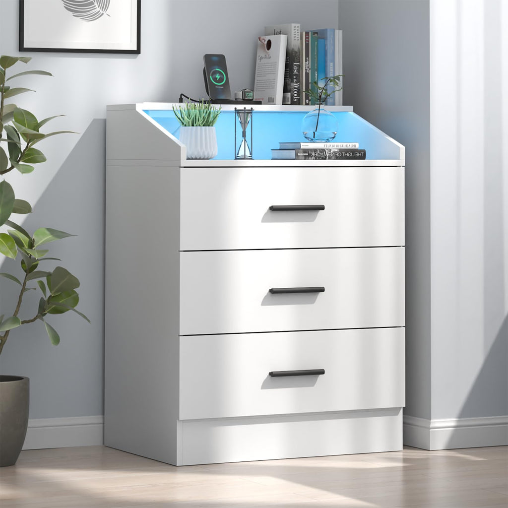 White 3 Drawer Nightstand with Charging Station J6222
