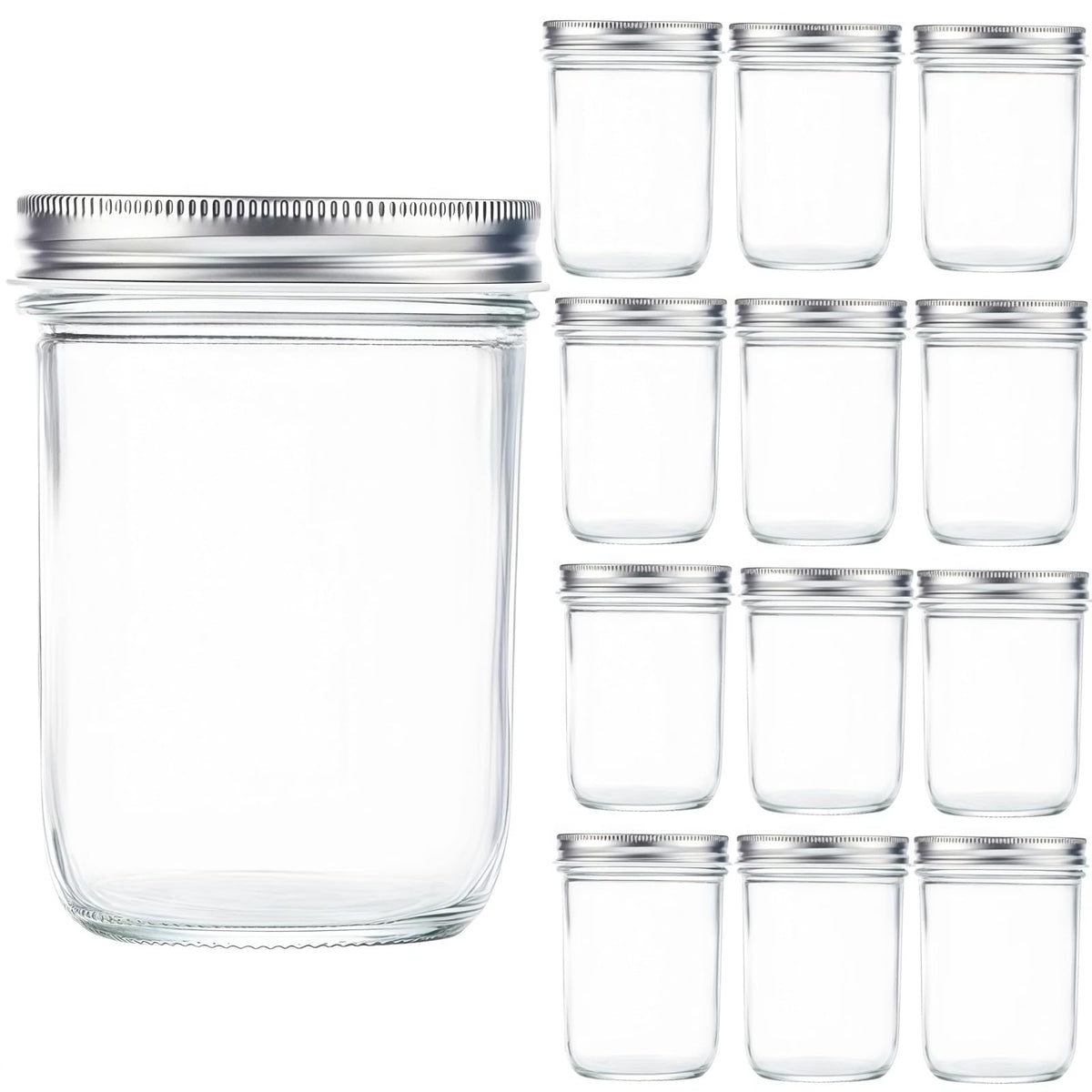12 Pc 16 oz Wide Mouth Glass Mason Jars with Lids L8256