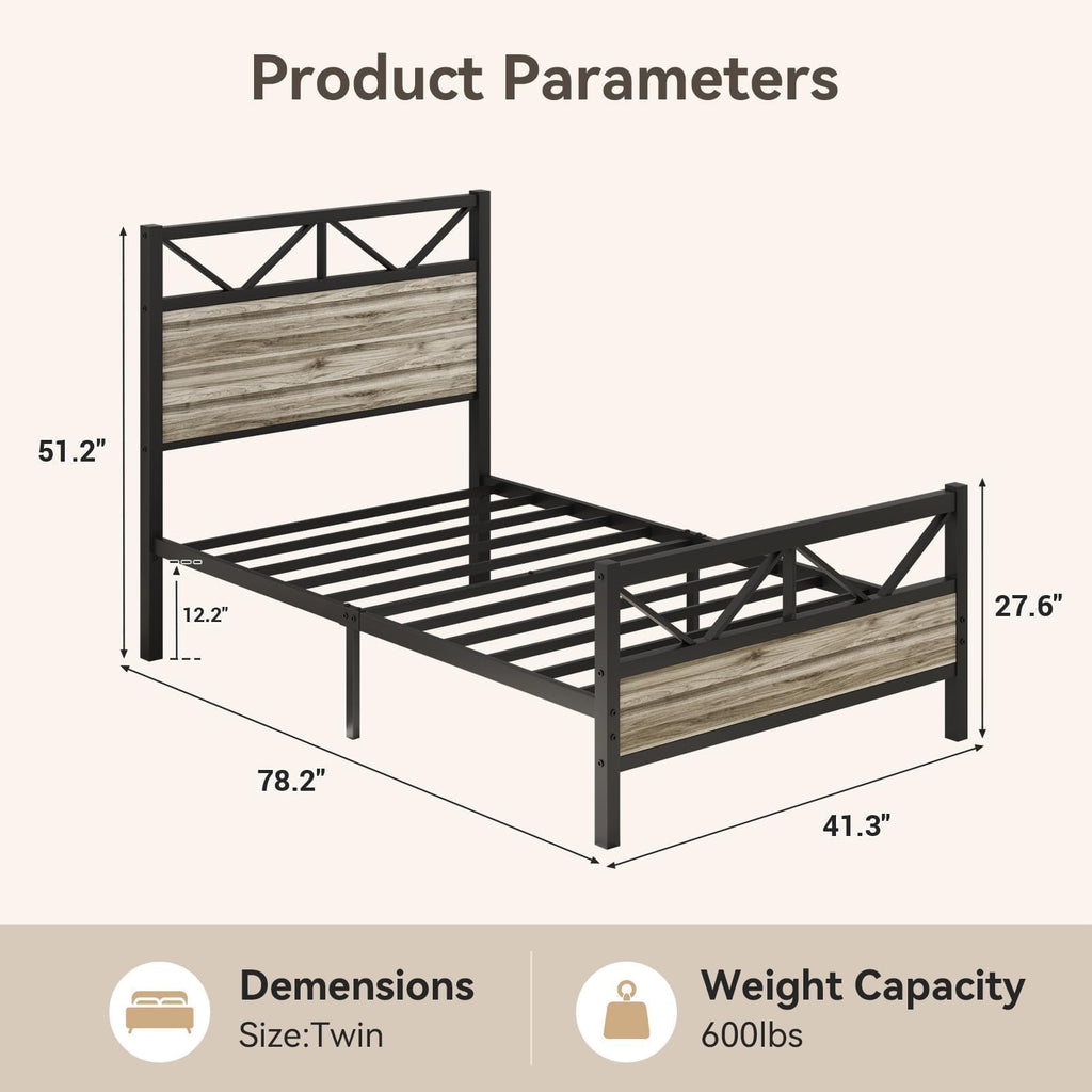 Wash Grey Twin Size Bed Frame with Tall Headboard M44472