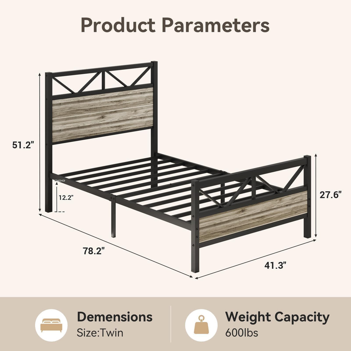 Wash Grey Twin Size Bed Frame with Tall Headboard M44472