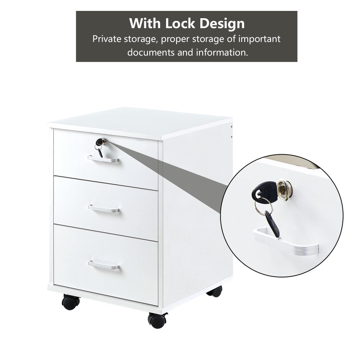 White 3 Drawer Rolling Wood File Cabinet P10188