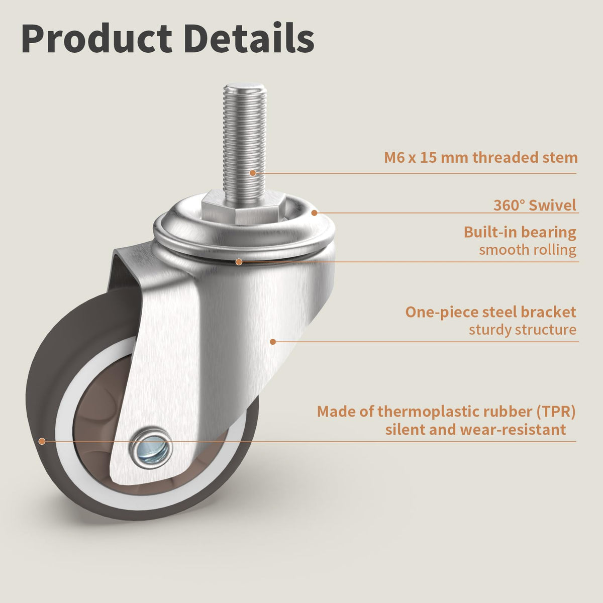 1.25" M6 Swivel Casters, 4 Pcs G600333