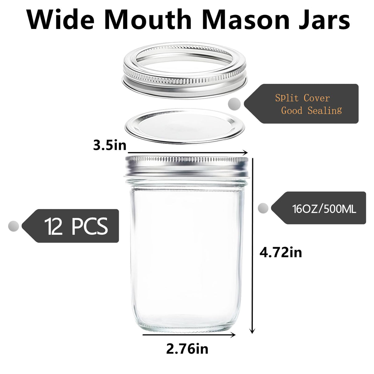 12 Pc 16 oz Wide Mouth Glass Mason Jars with Lids L8256