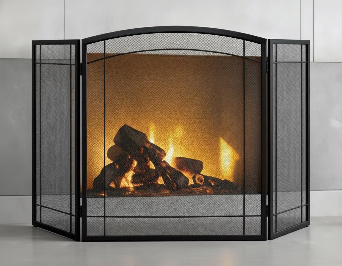 3 Panel 48" W x 29" H Foldable Wrought Metal Decorative Mesh Fireplace Screen T8040