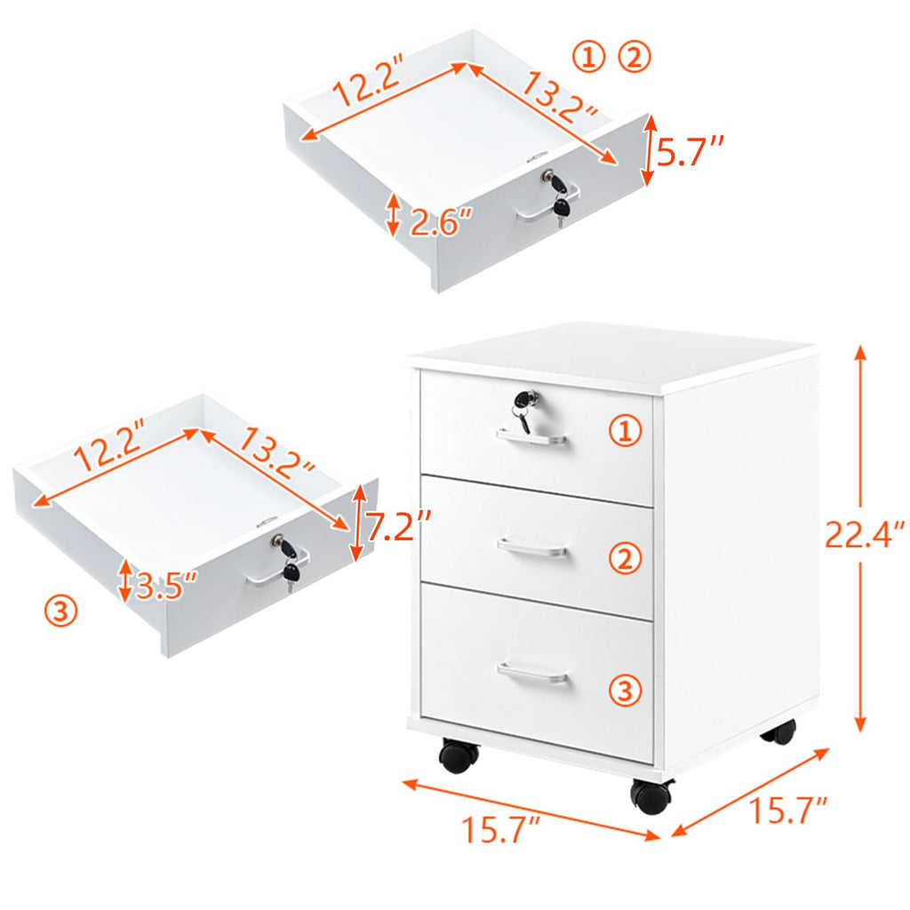 White 3 Drawer Rolling Wood File Cabinet P10188