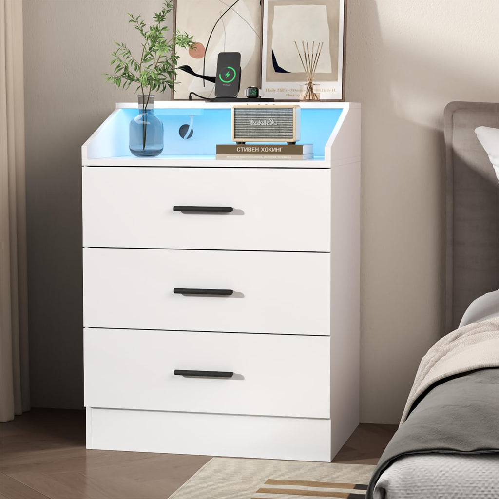 White 3 Drawer Nightstand with Charging Station J6222