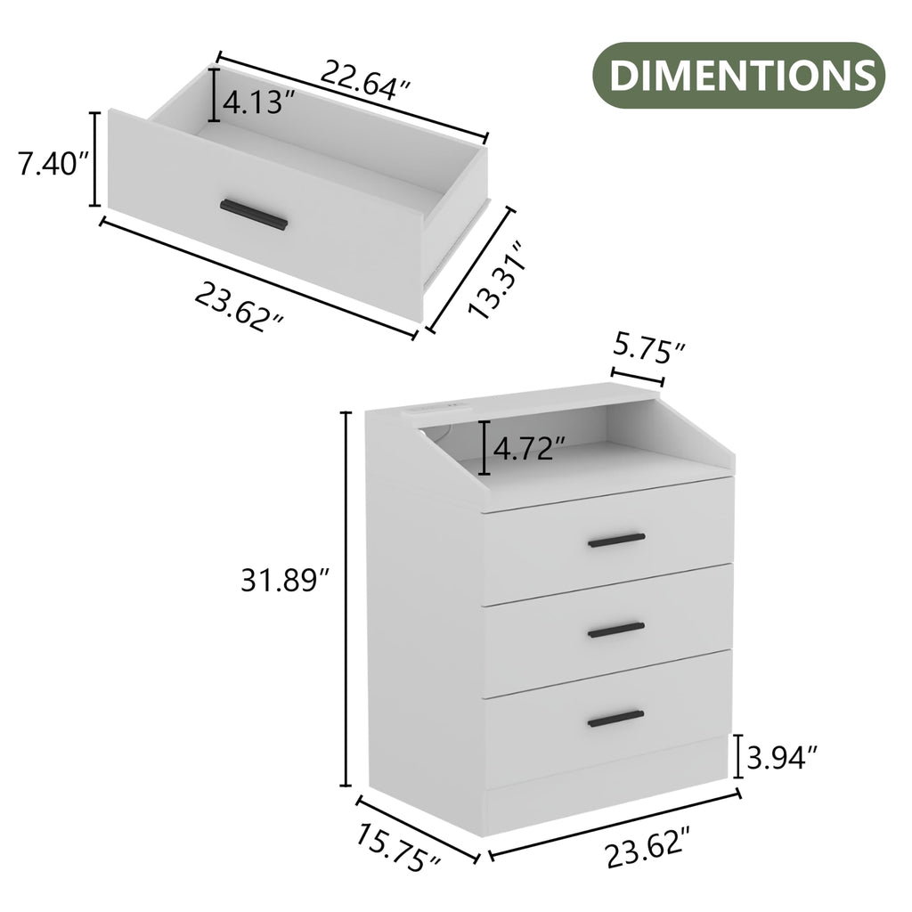 White 3 Drawer Nightstand with Charging Station J6222