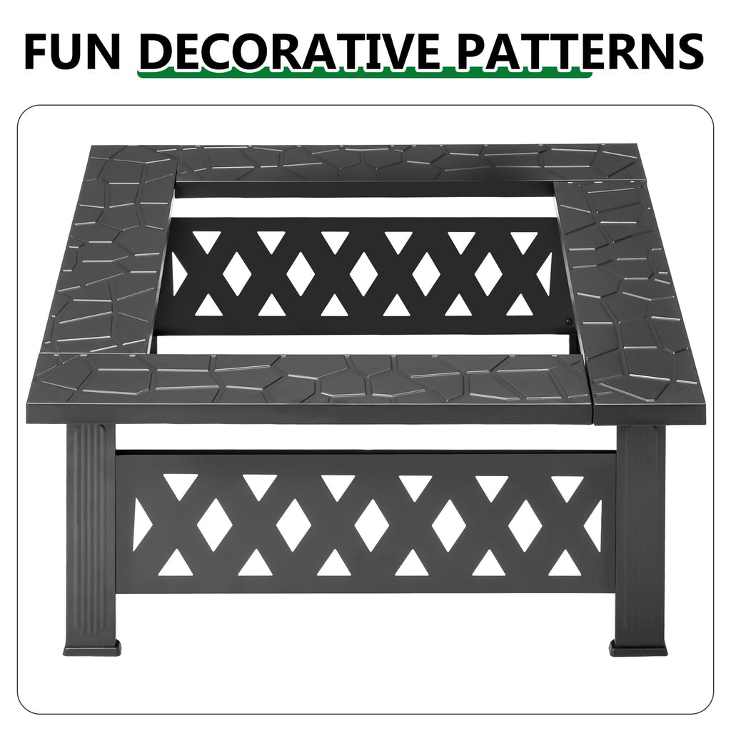 32 Inch Square Wood Burning Fire Pit Table with Spark Screen and Fire Poker N404606