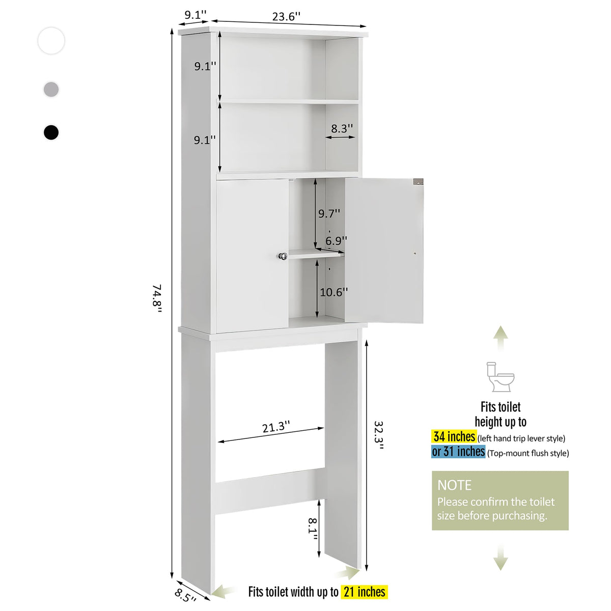 White Over the Toilet Storage Cabinet with Adjustable Shelf A263