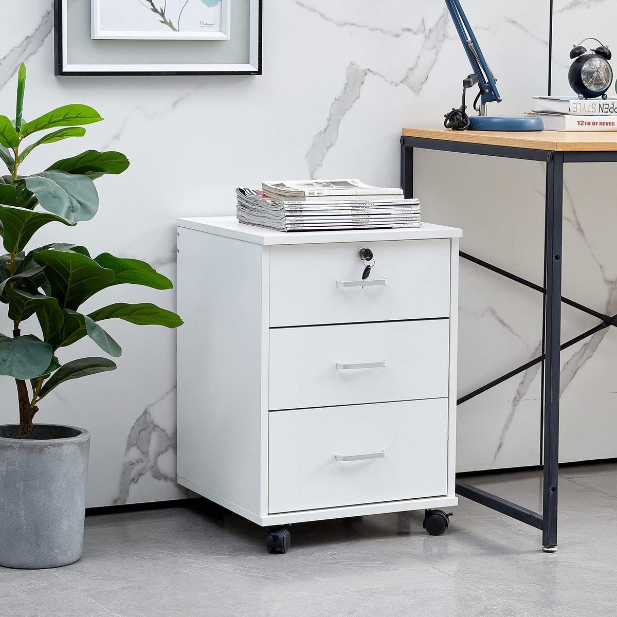 White 3 Drawer Rolling Wood File Cabinet P10188