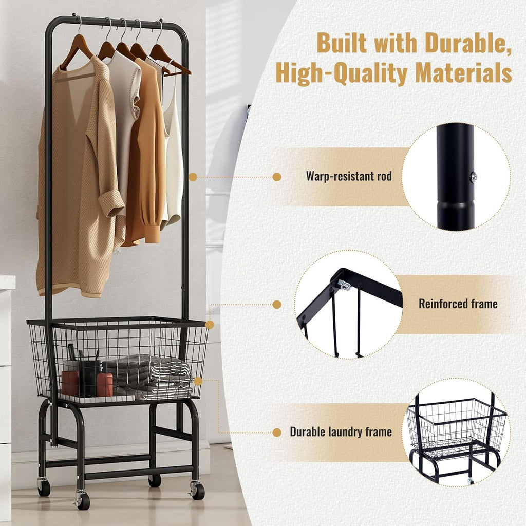Black Rolling Laundry Cart with Hanging Rack A862498