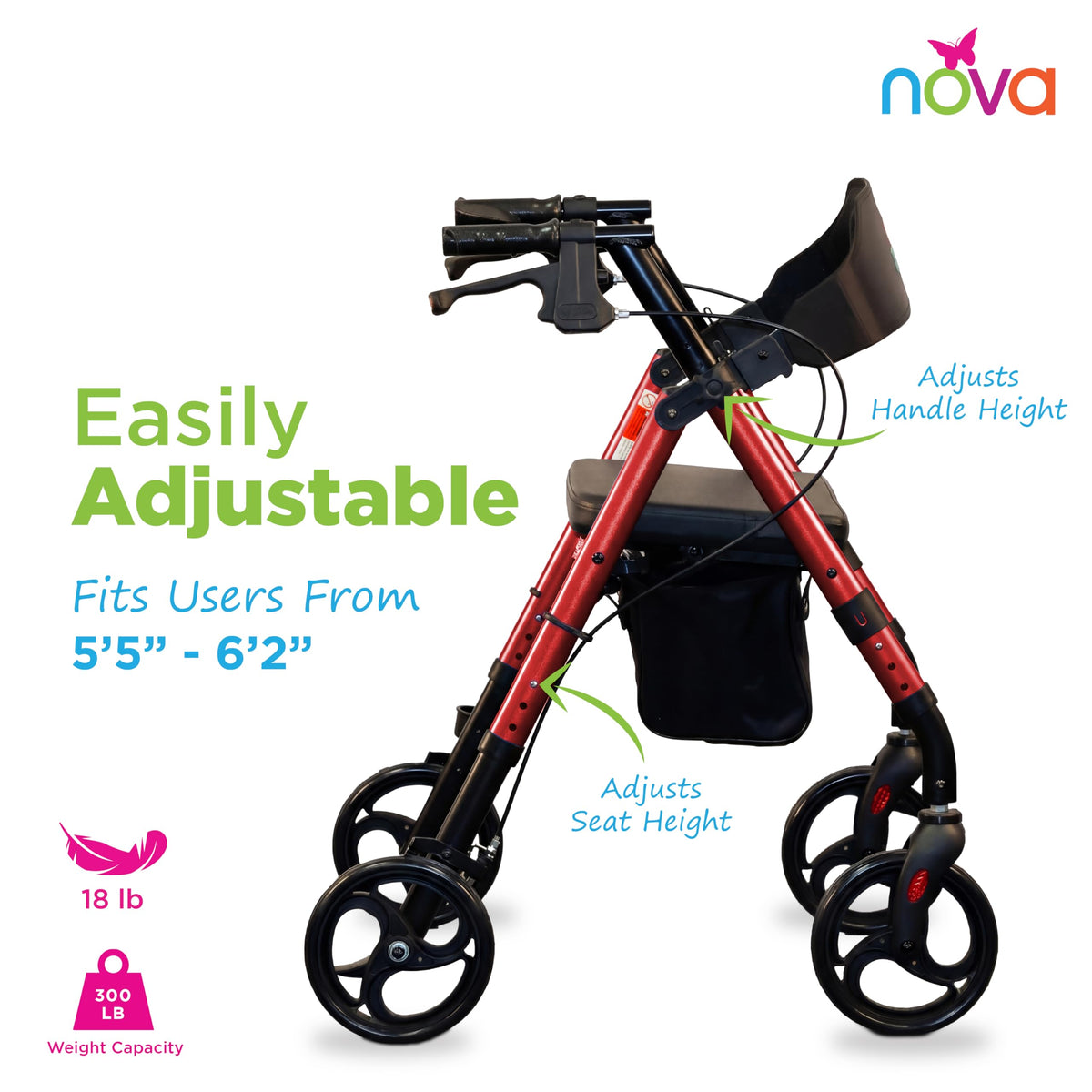 Lightweight Folding Rollator Walker with 8” Wheels, Adjustable Height, Hand Brakes, Padded Seat & Backrest, Red J787578