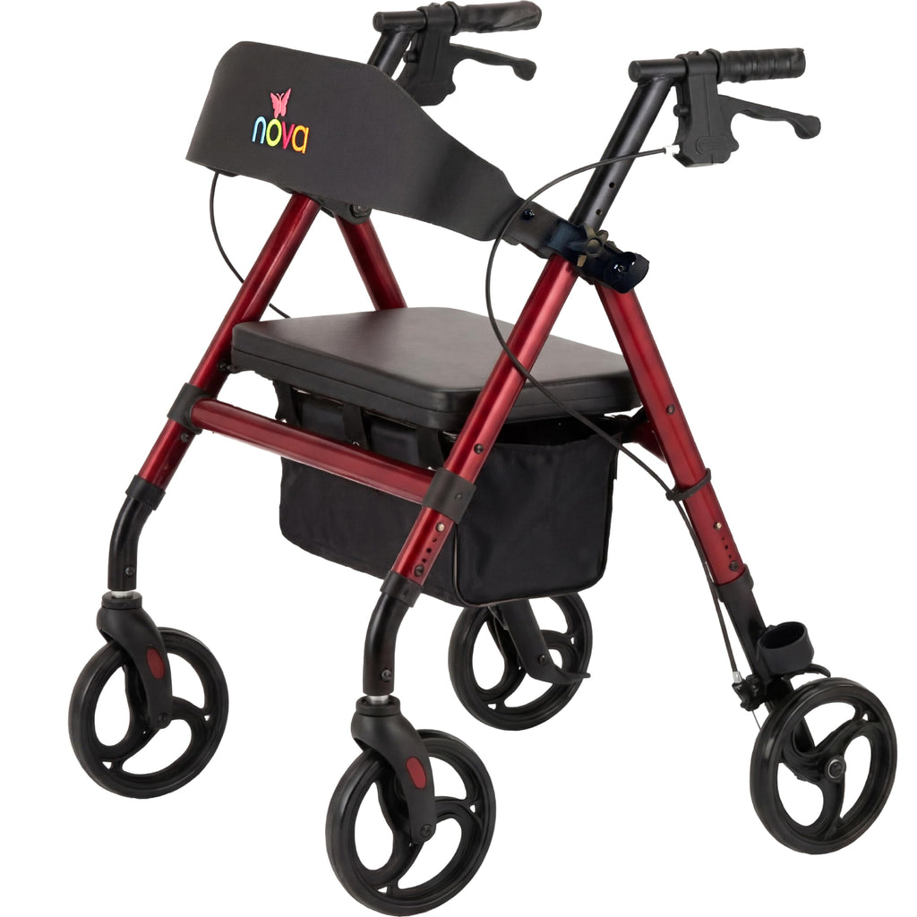 Lightweight Folding Rollator Walker with 8” Wheels, Adjustable Height, Hand Brakes, Padded Seat & Backrest, Red J787578