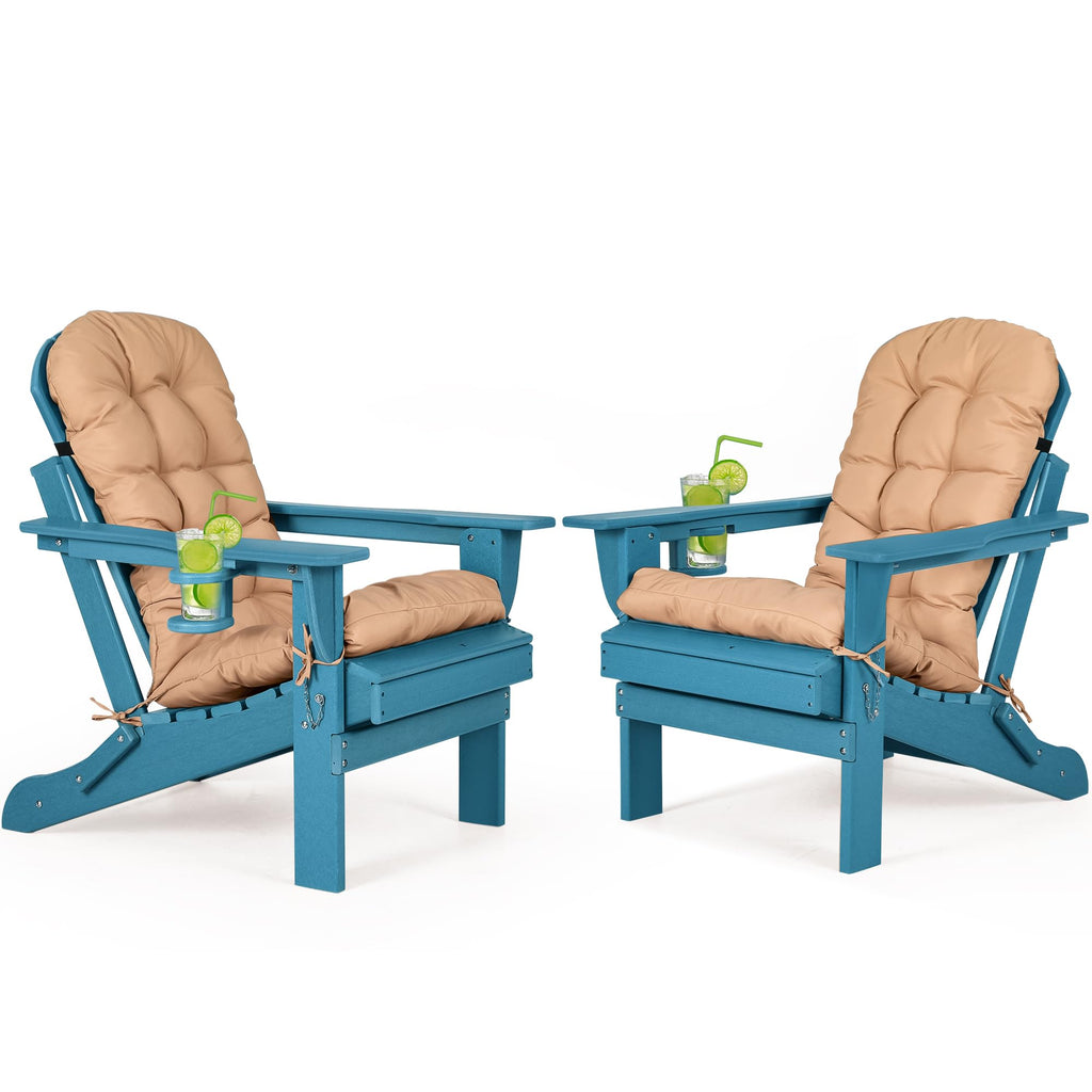 Folding Adirondack Chairs Set of 2 with Cushion, Blue HDPE Plastic Oversized Patio Chair Z42744