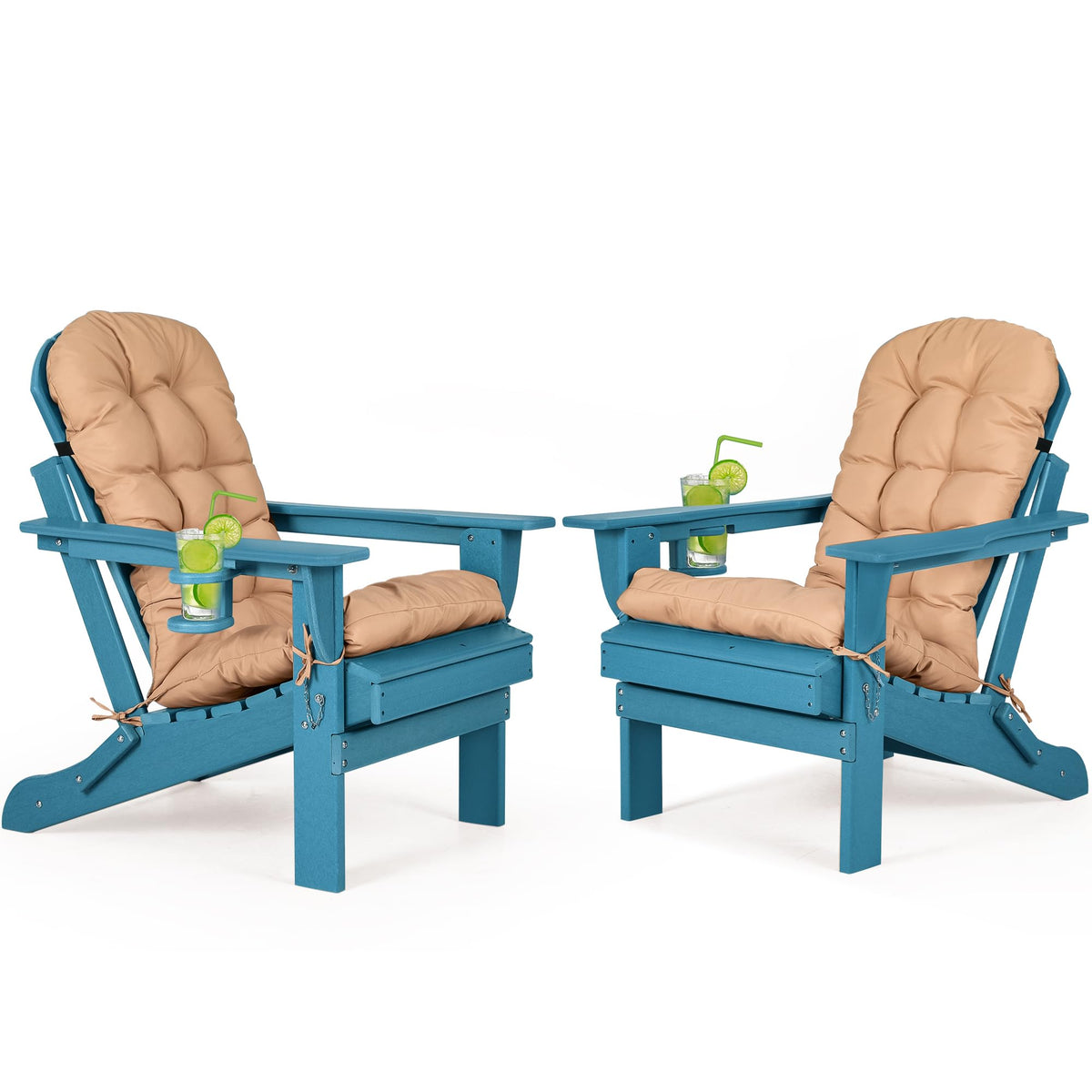 Folding Adirondack Chairs Set of 2 with Cushion, Blue HDPE Plastic Oversized Patio Chair Z42744