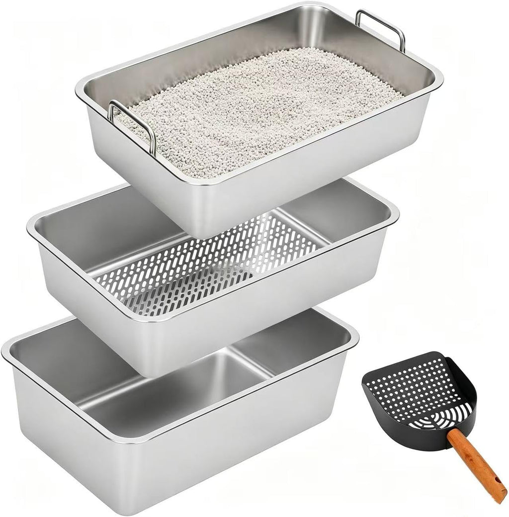 Extra Large Stainless Steel Sifting Cat Litter Box with Dual Handles F2912