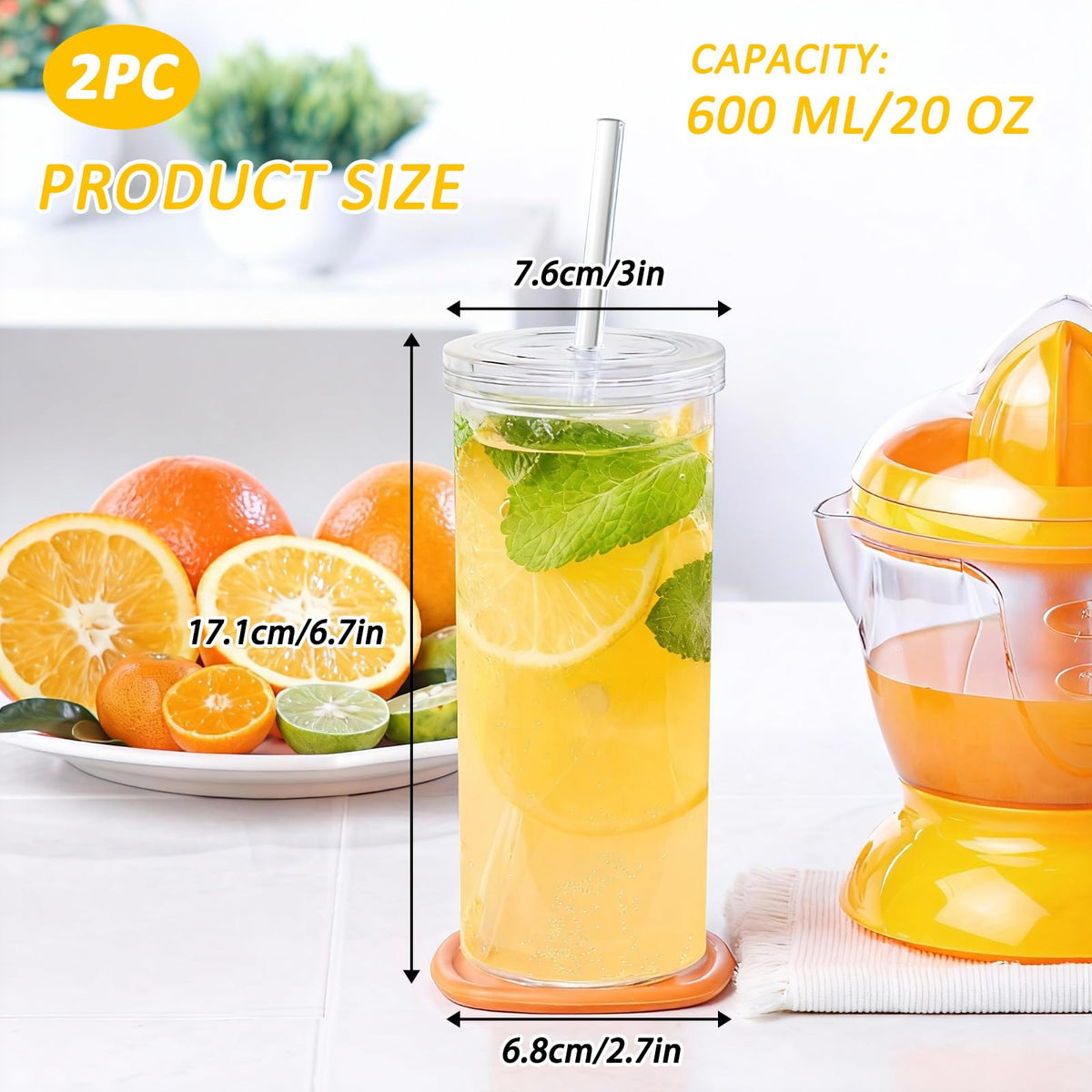 20oz Drinking Jars with Lids and Straws 2 Pack Clear Reusable Z181