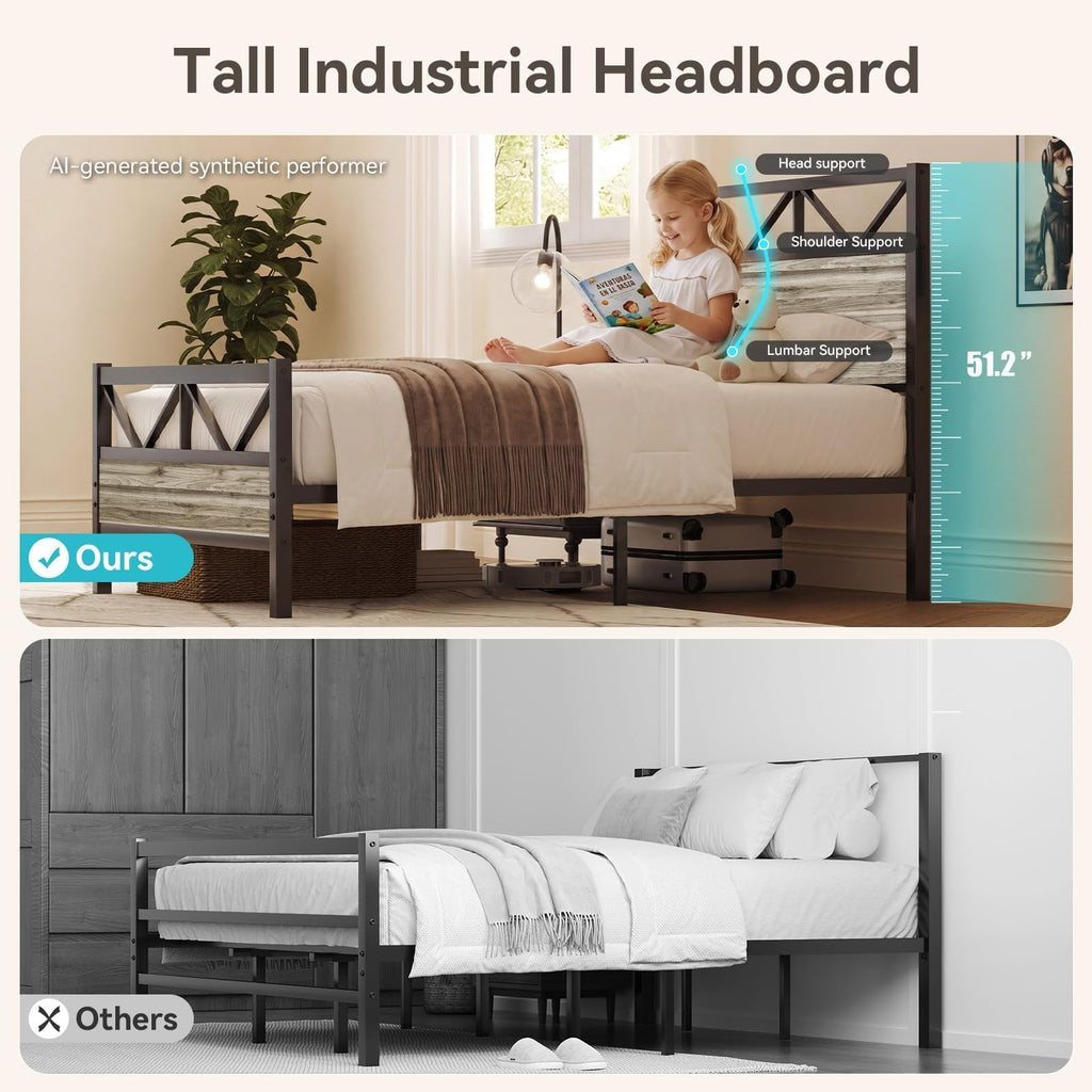 Wash Grey Twin Size Bed Frame with Tall Headboard M44472