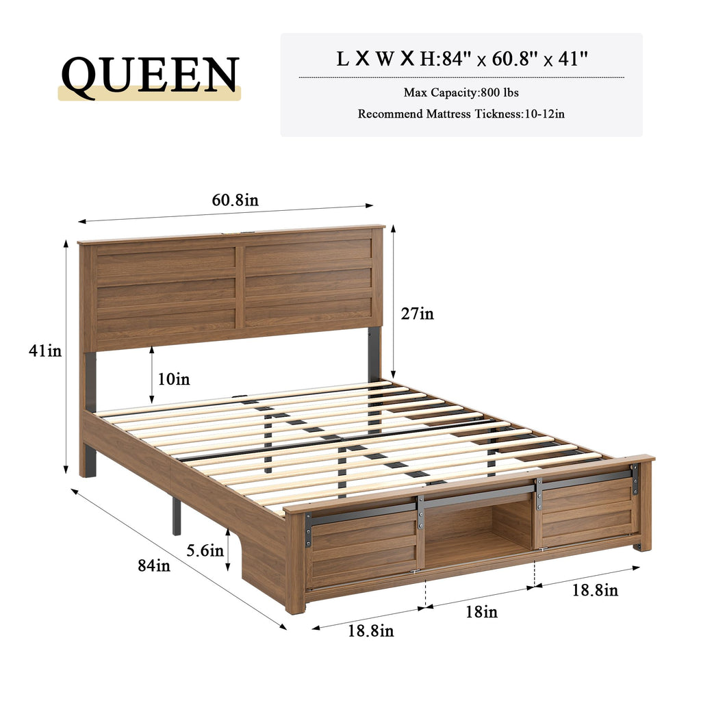 Queen Size Wooden Bed Frame with Headboard and Storage Footboard D10431