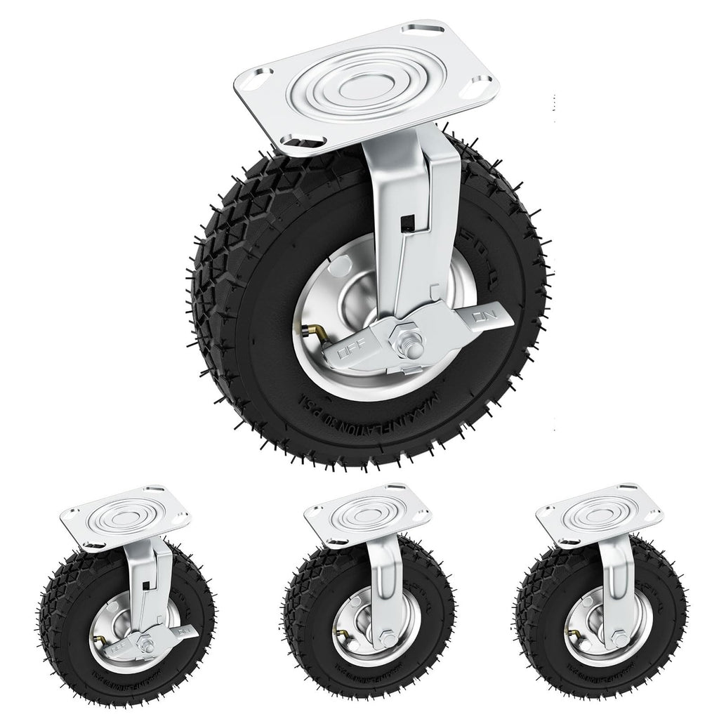 8 Inch Heavy Duty Pneumatic Caster Wheels with Brake, 1000 lbs Capacity, Set of 4 T31112