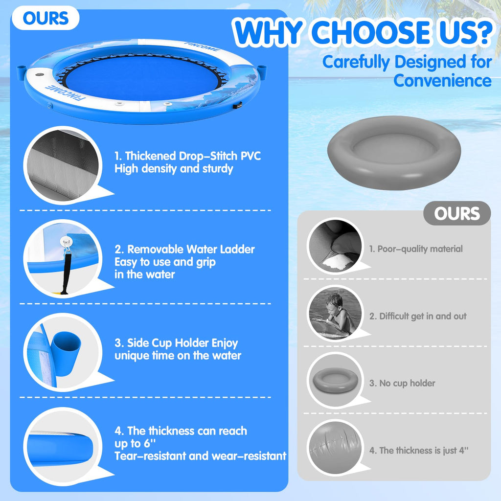 Inflatable Water Hammock Floating Dock 8FT Round with Water Ladder and Cup Holder Light Blue V595442