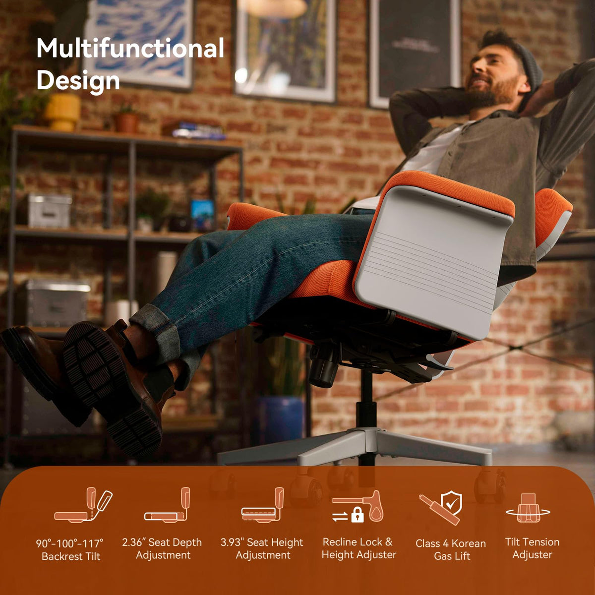 Orange Adjustable Ergonomic Office Chair with Desk Tray N2549