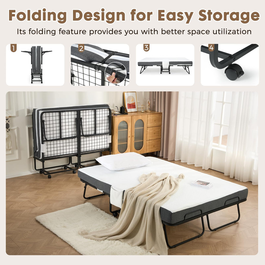 Folding Rollaway Guest Bed with 8 Casters and 6" Memory Foam Mattress T177466