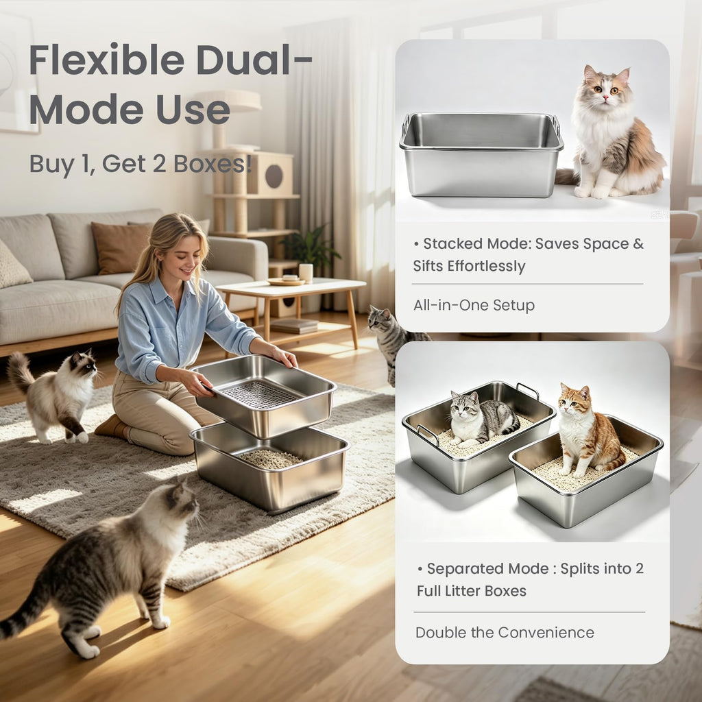 Extra Large Stainless Steel Sifting Cat Litter Box with Dual Handles F2912