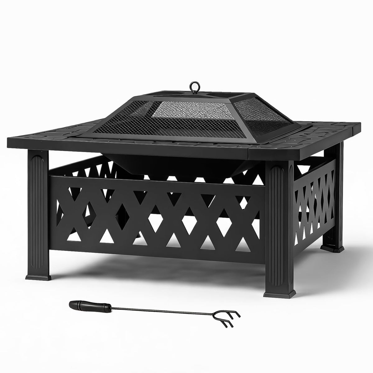 32 Inch Square Wood Burning Fire Pit Table with Spark Screen and Fire Poker N404606