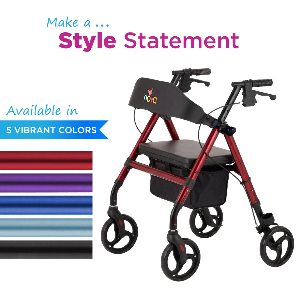 Lightweight Folding Rollator Walker with 8” Wheels, Adjustable Height, Hand Brakes, Padded Seat & Backrest, Red J787578