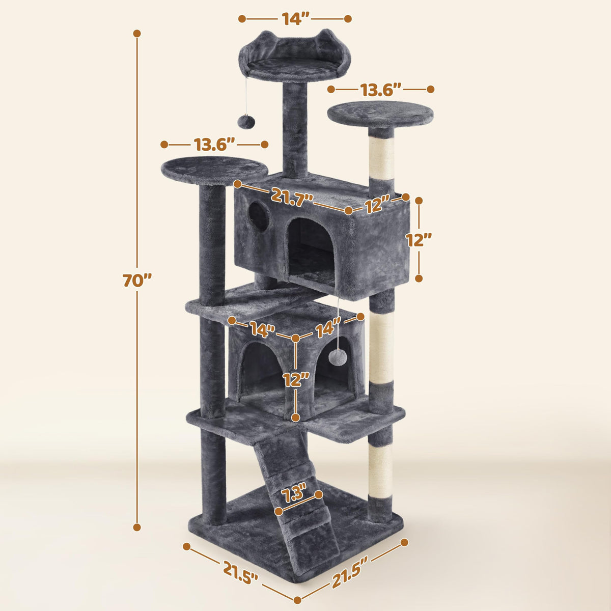 70in Multi-Level Cat Tree with Sisal Scratching Posts O994