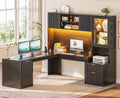 67" L Shaped Desk with Hutch and Power Outlets, Black W384475
