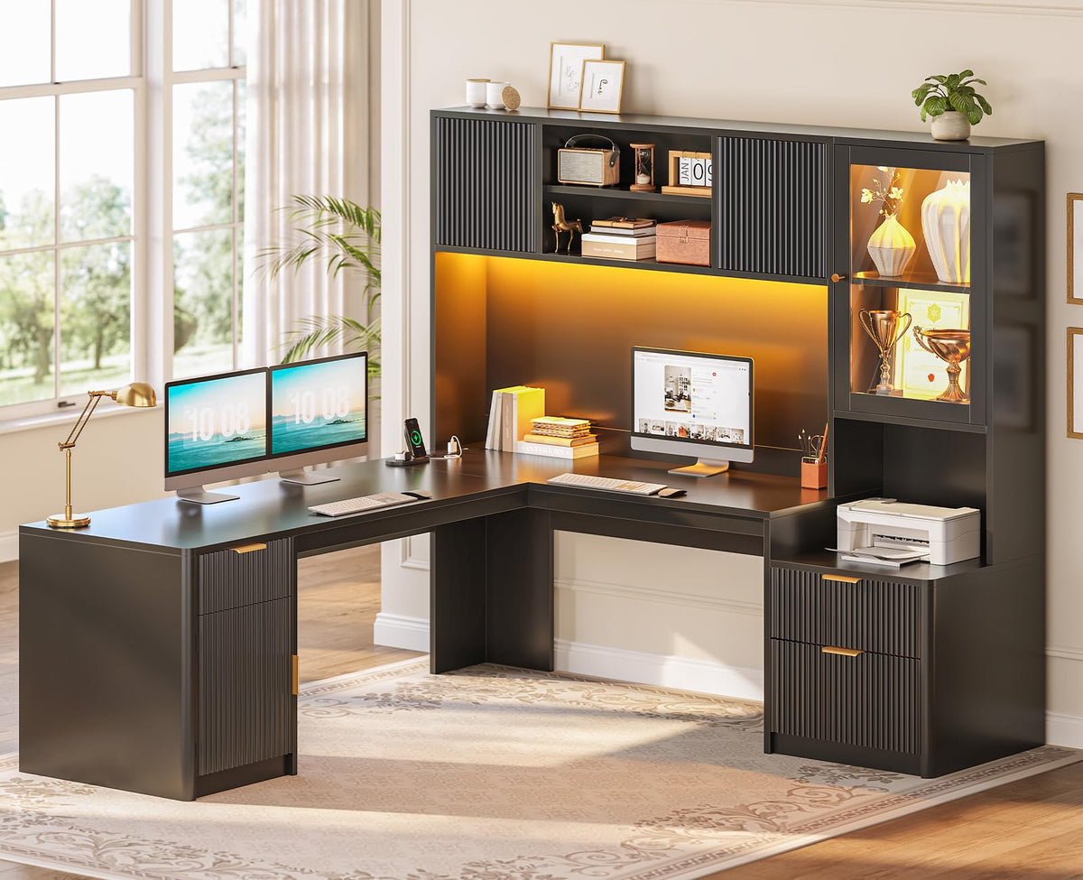 67" L Shaped Desk with Hutch and Power Outlets, Black W384475
