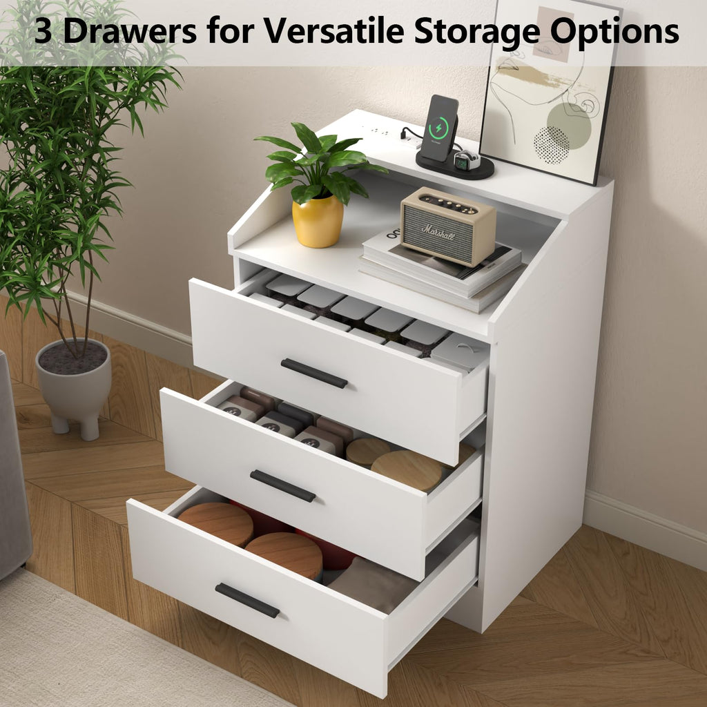 White 3 Drawer Nightstand with Charging Station J6222
