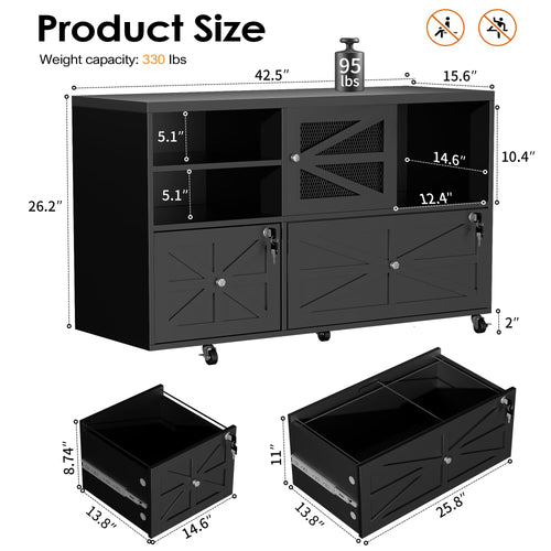 2 Drawer Wood Mobile Lateral File Cabinet with Storage Shelves, Black G8038