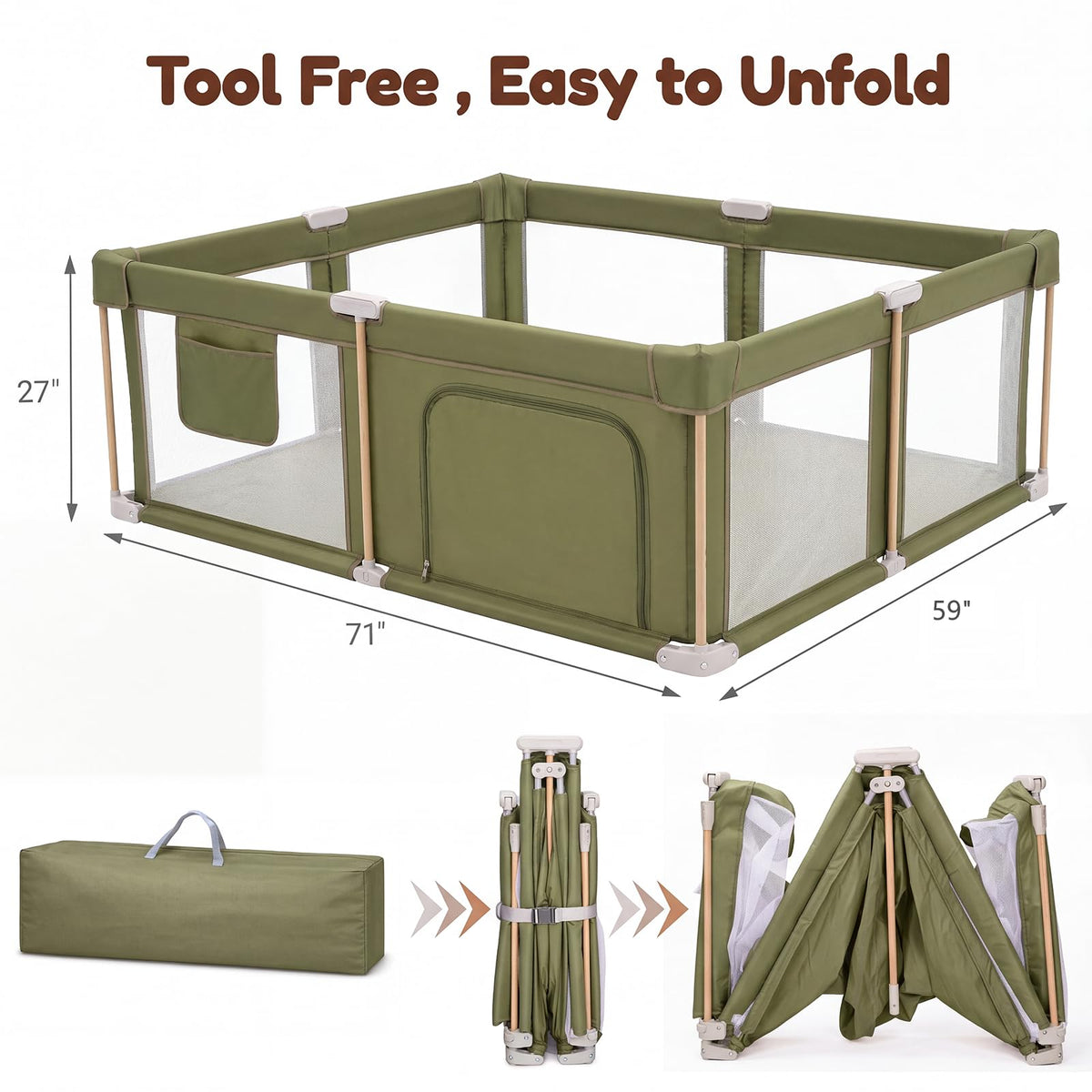 Foldable Baby Playpen with Mat, Breathable Mesh Green 71"×59" P381515