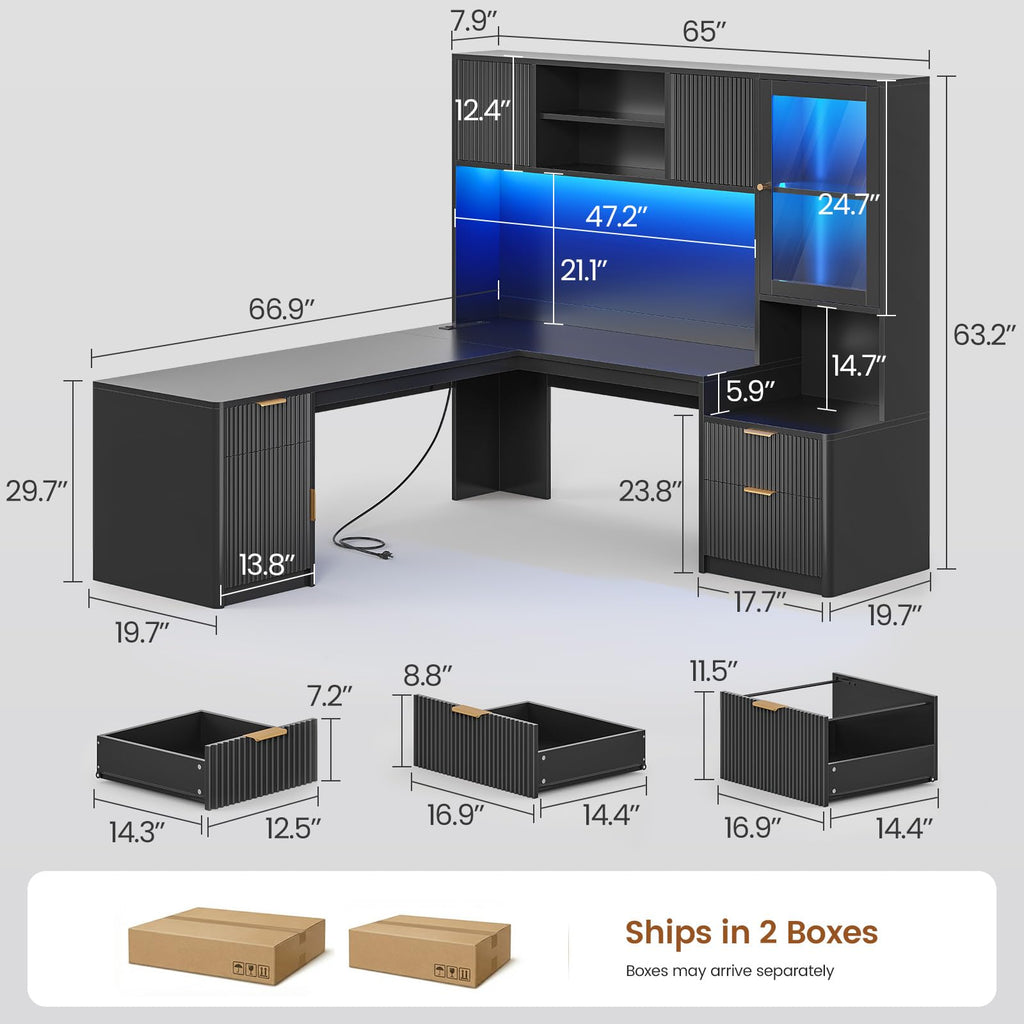 67" L Shaped Desk with Hutch and Power Outlets, Black W384475