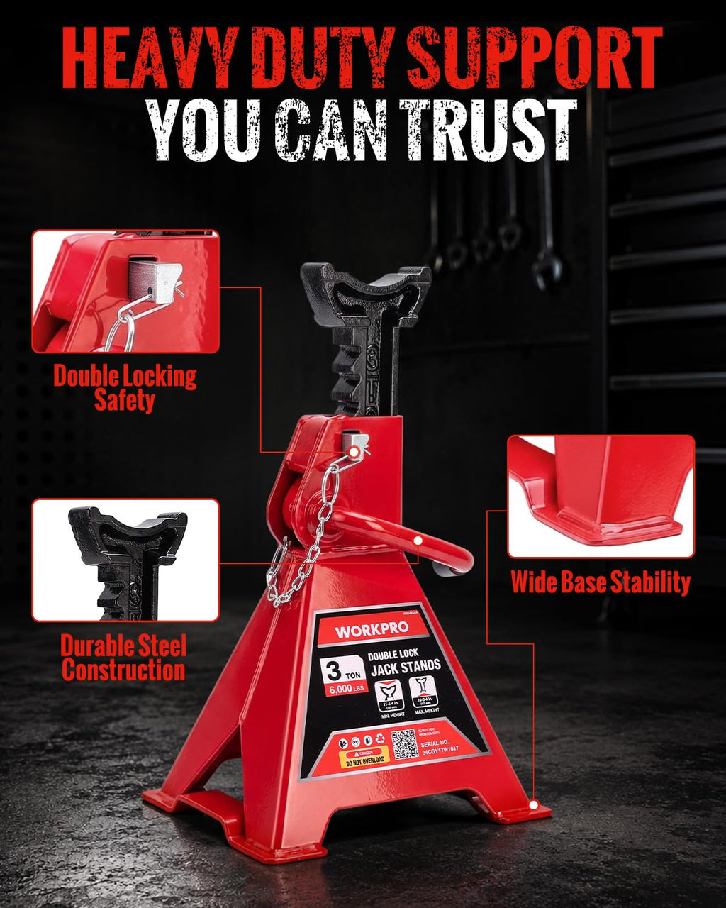 3 Ton Jack Stands with Double Lock, 1 Pair U269072