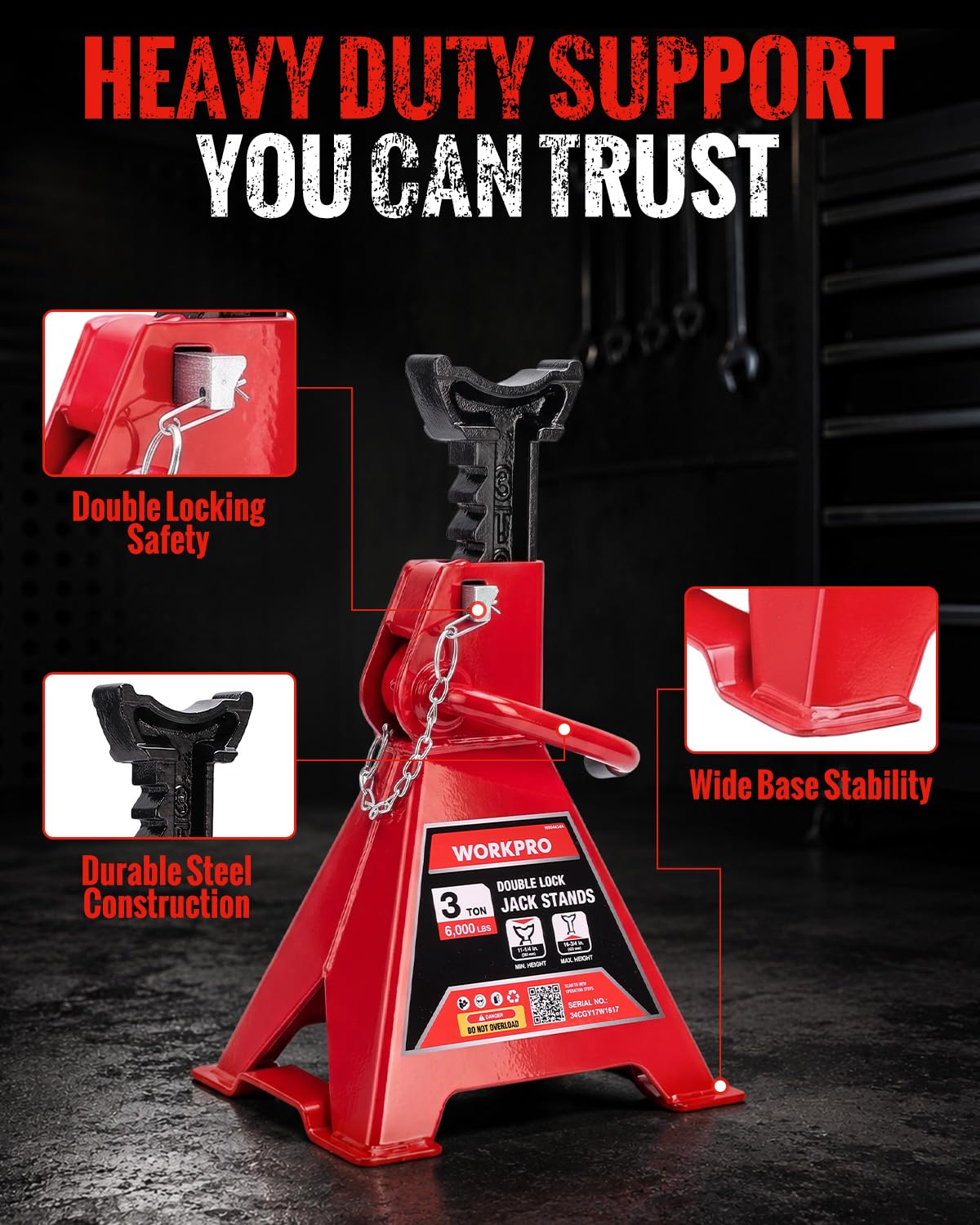 3 Ton Jack Stands with Double Lock, 1 Pair U269072