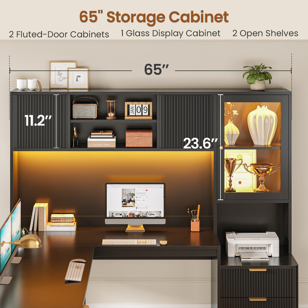 67" L Shaped Desk with Hutch and Power Outlets, Black W384475