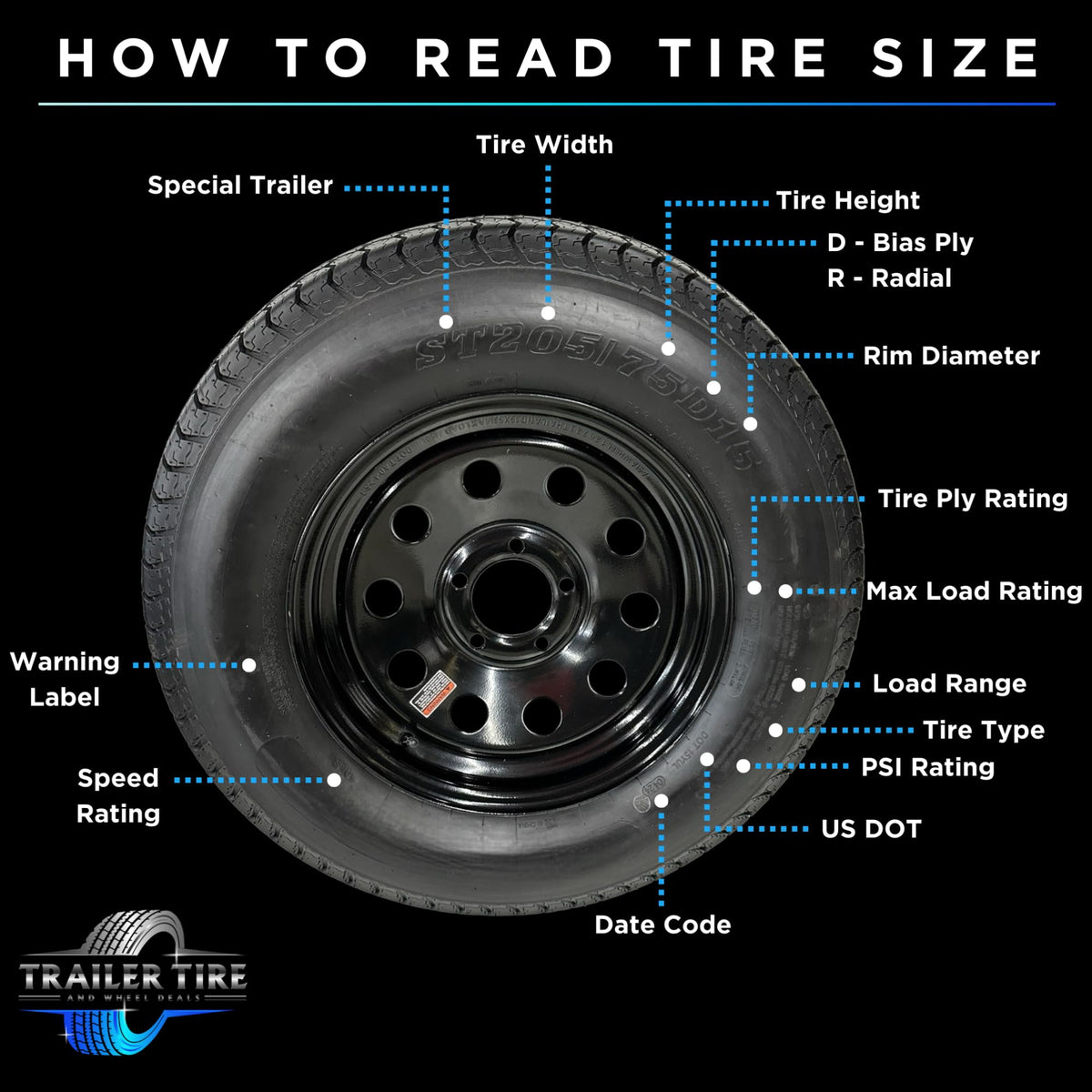 ST205/75R15 Trailer Tire on Rim Load Range C 6 Ply 5 Lug White Spoke Wheel Y505