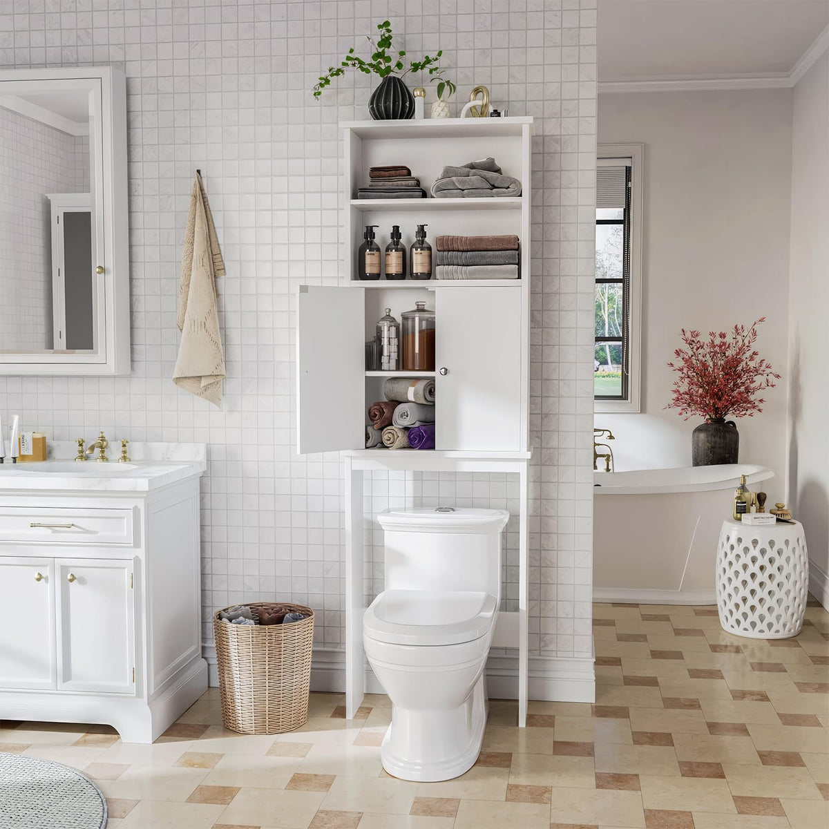 White Over the Toilet Storage Cabinet with Adjustable Shelf A263