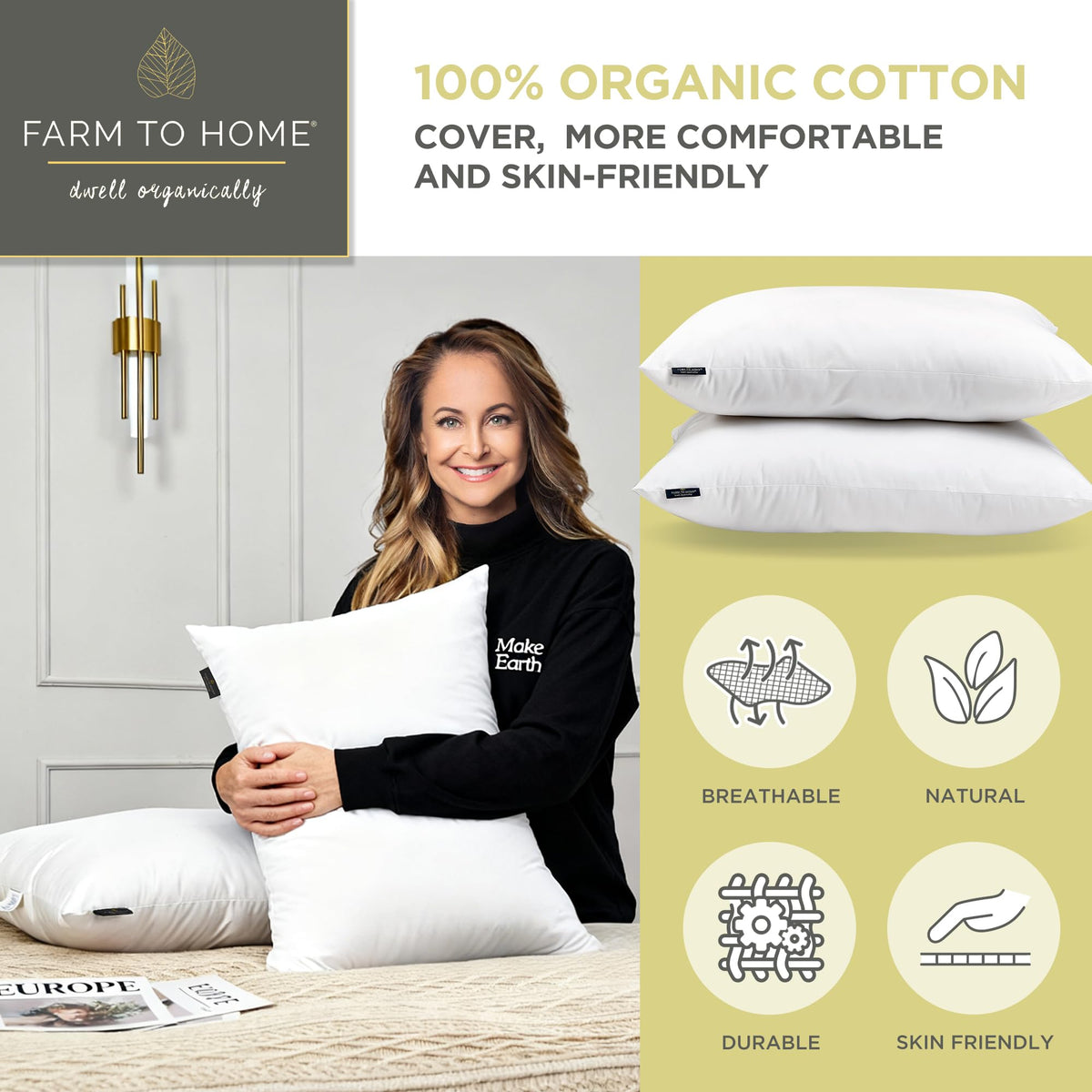 Feather and Down Pillows, 100% Organic Cotton Cover Z34548