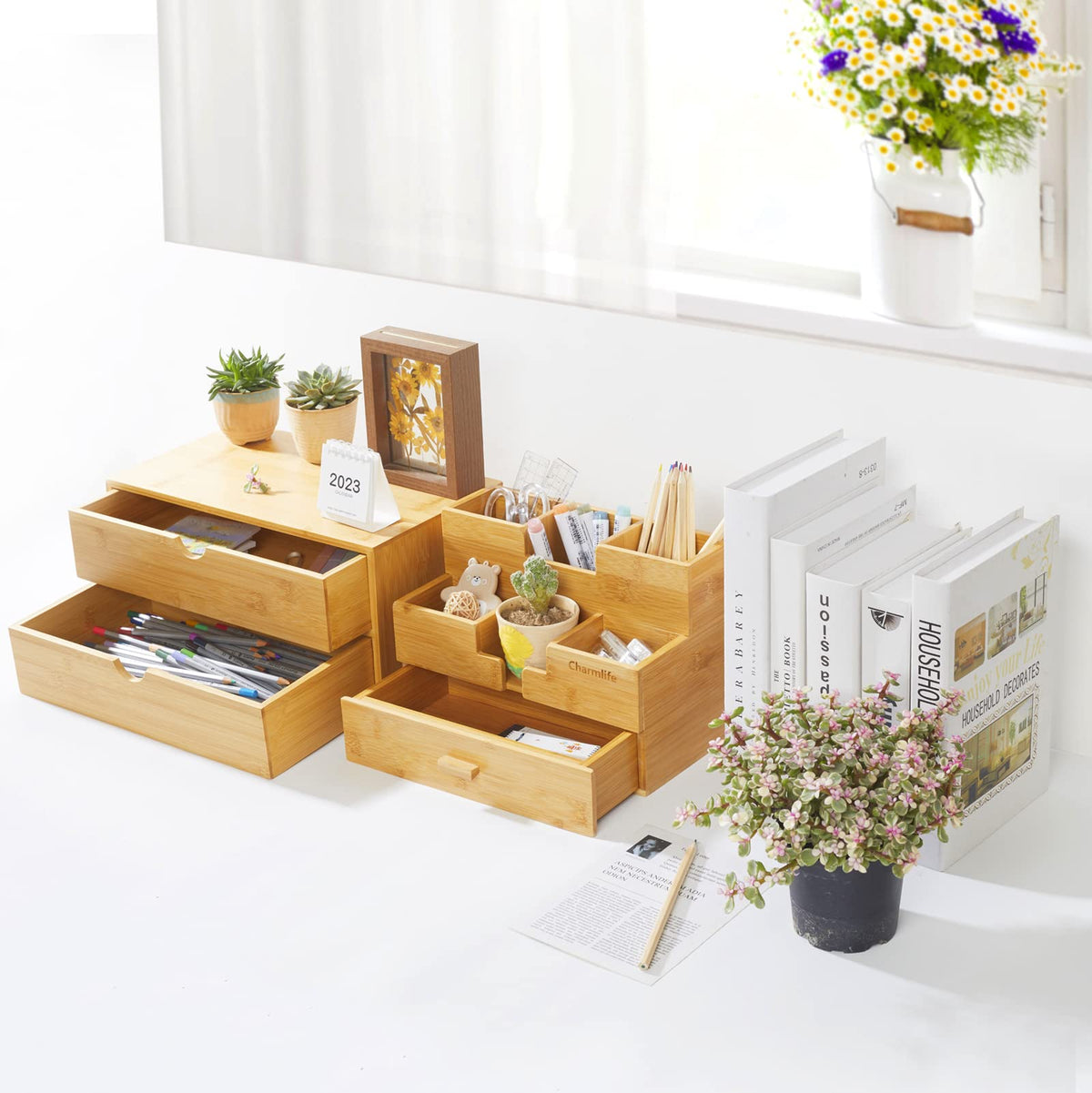 Bamboo Desk Organizer with Drawers I46097