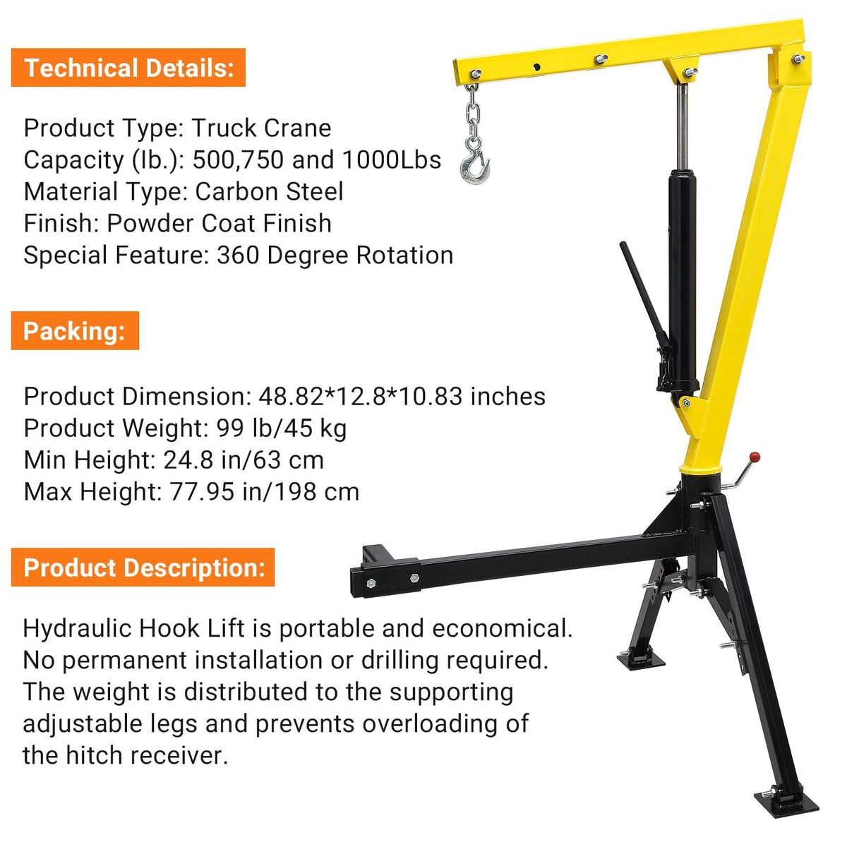 1000 LBS Hydraulic Truck-Mounted Crane with 360° Swivel L918965