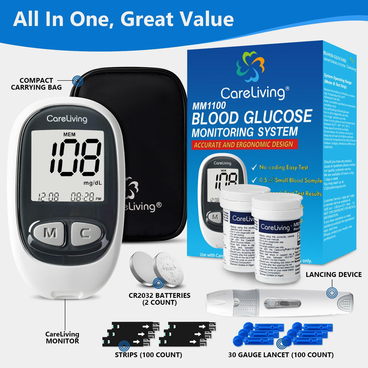 Blood Glucose Monitor Kit with 100 Test Strips M623488