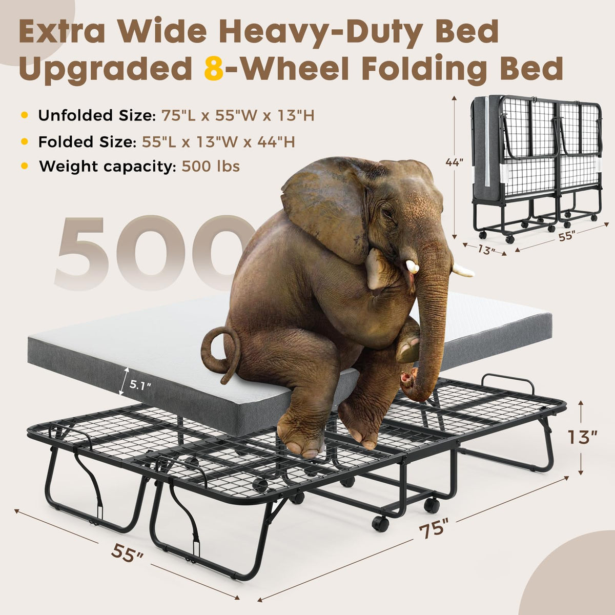 Folding Rollaway Guest Bed with 8 Casters and 6" Memory Foam Mattress T177466
