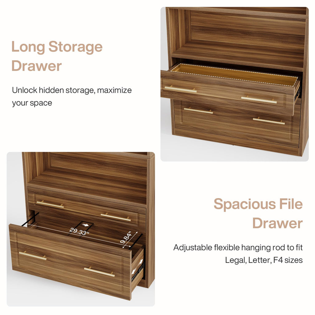 76.8" Tall Arched Bookcase with File Cabinet Drawer, Walnut Brown Y6349