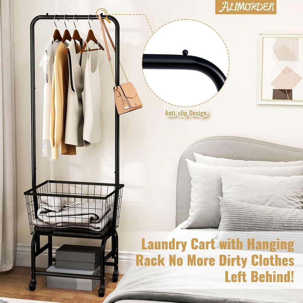 Black Rolling Laundry Cart with Hanging Rack A862498